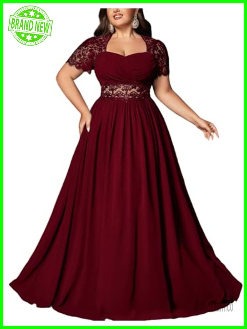 Plus Size Chiffon A-Line Formal Dress Lace Short Sleeve Bridesmaid Prom Gown
